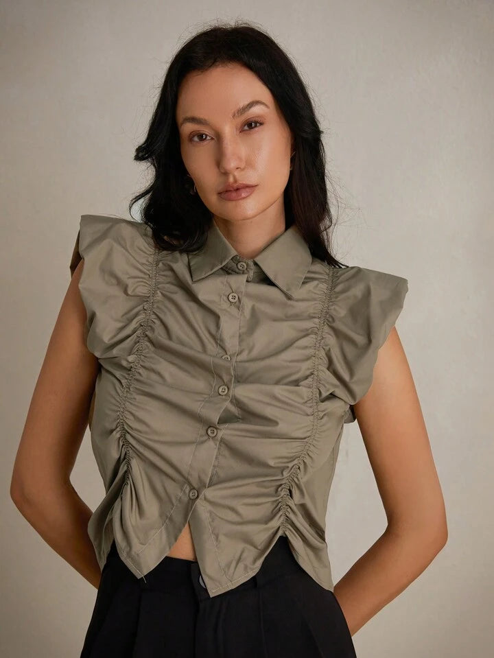CM-TS859003 Women Casual Seoul Style Shirt Collar Sleeveless Riched Bust Asymmetrical Shirt