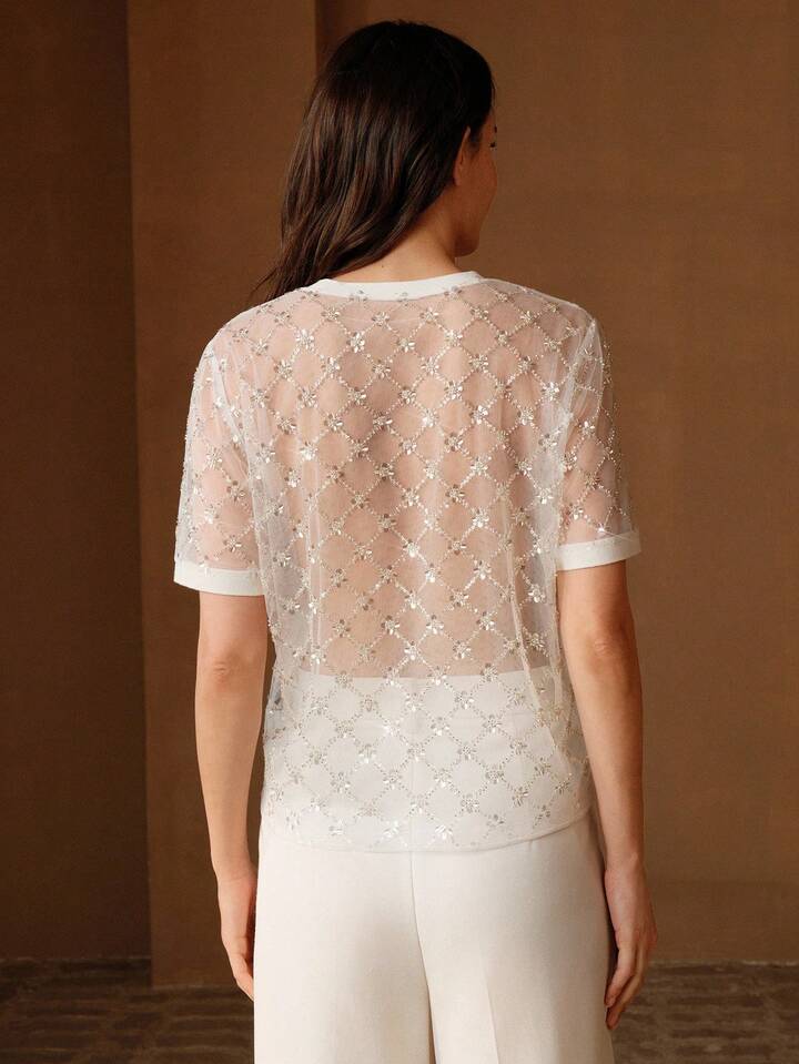 CM-TS032628 Women Elegant Seoul Style Floral Sequin Beaded Sheer Mesh Round Neck Short Sleeve Blouse