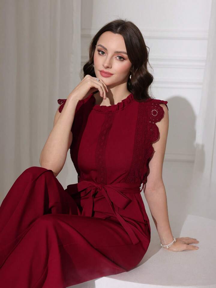 CM-JS463660 Women Elegant Seoul Style Lace Patchwork Sleeveless Straight Leg Jumpsuit - Burgundy