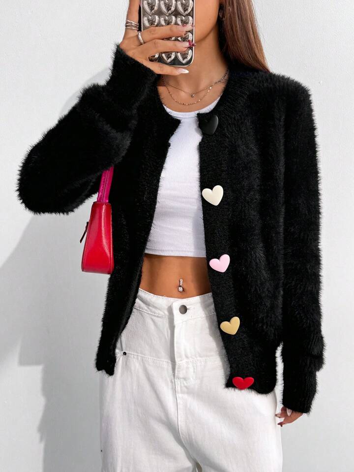 CM-CS746768 Women Casual Seoul Style Colorful Heart Button Front Cardigan - Black