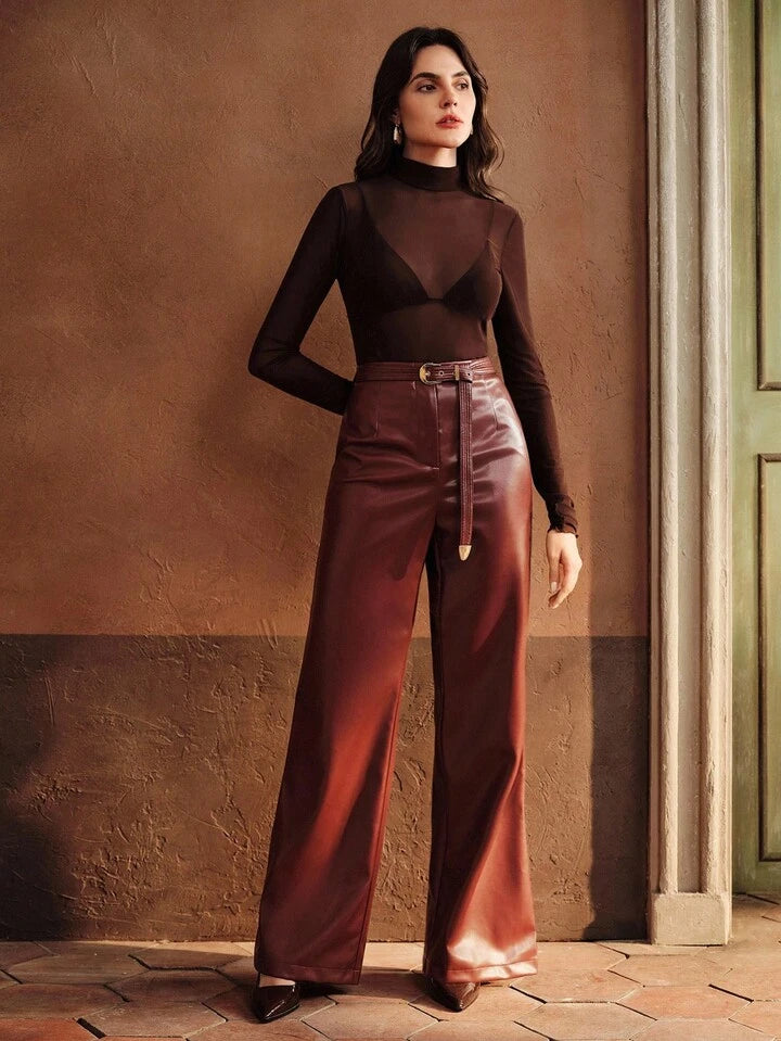 CM-BS720037 Women Elegant Seoul Style High Waist PU Leather Belted Straight Leg Pants - Burgundy
