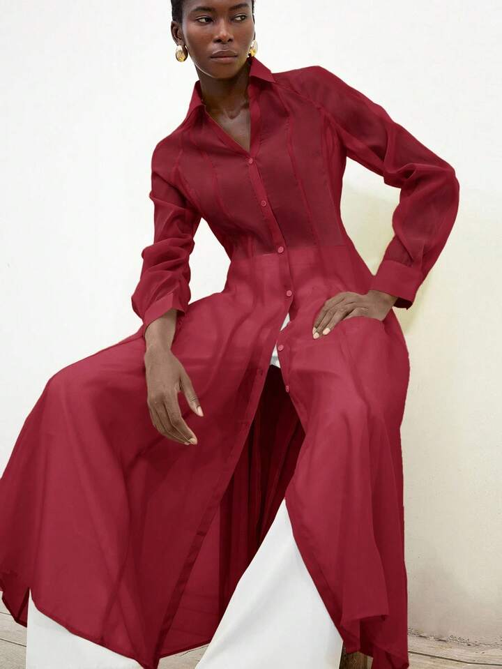 CM-TS883153 Women Casual Seoul Style Translucent Textured V-Neck Long Sleeve Gathered Waist Shirtdress - Red