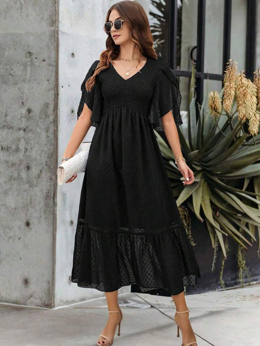 CM-DS225485 Women Casual Seoul Style V-Neck Swiss Dot Petal Sleeve Ruffle Hem Dress - Black