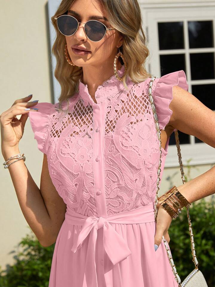 CM-DS652165 Women Elegant Seoul Style Stand Collar Flying Sleeve Dress - Baby Pink
