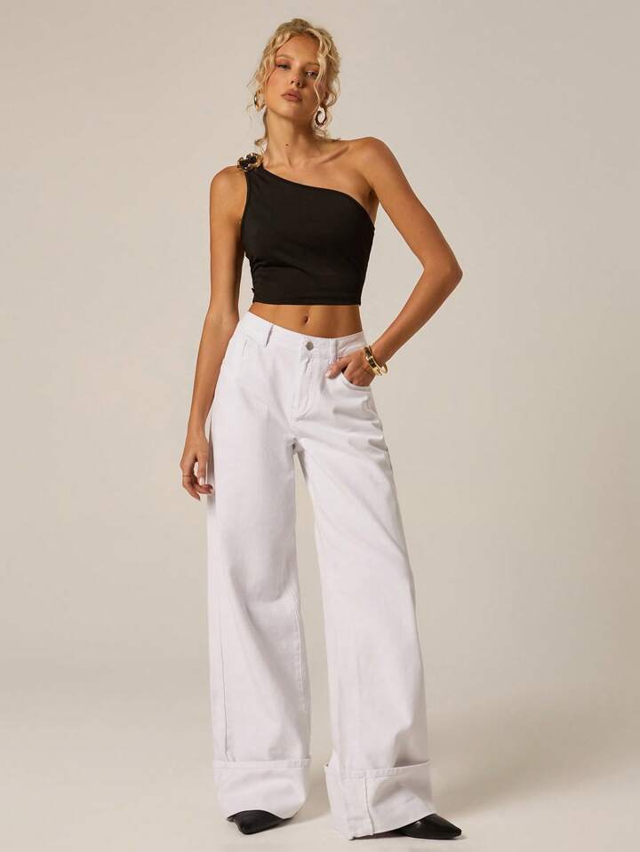 CM-BS711983 Women Casual Seoul Style Mid Waist Pocket Wide Leg Loose Denim Jeans - White