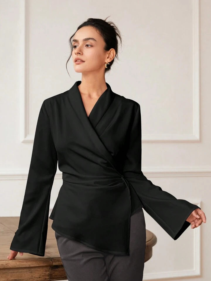 CM-TS247040 Women Elegant Seoul Style Cross Wrap Asymmetric Hem Long Sleeve Blouse - Black