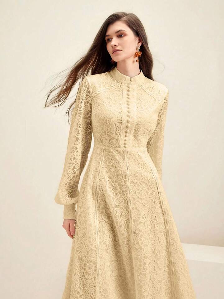 CM-DS007437 Women Elegant Seoul Style Lace Mandarin Collar Long Sleeve A-Line Dress - Apricot