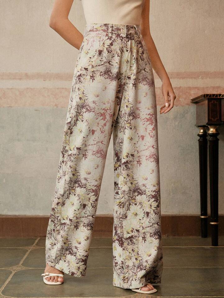 CM-BS172777 Women Casual Seoul Style Floral Printed High-Waisted Wide Leg Jeans - Yellow