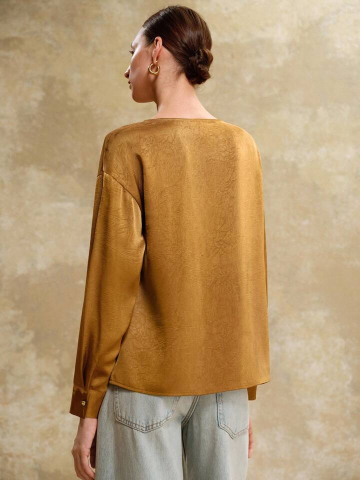CM-TS820543 Women Elegant Seoul Style Pleated Textured Satin Oblique Shoulder Straps Pleated Metal Decor Shirts