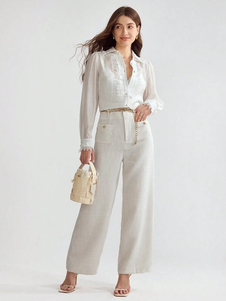 CM-TS697741 Women Elegant Seoul Style Collar Neckline Guipure Lace Trim Button Front Shirt - White