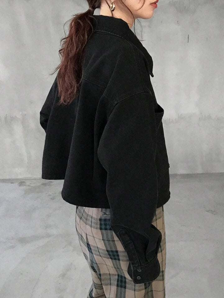CM-CS301318 Women Casual Seoul Style Collar Neckline Button Front Long Sleeve Pocket Oversized Denim Jacket - Black
