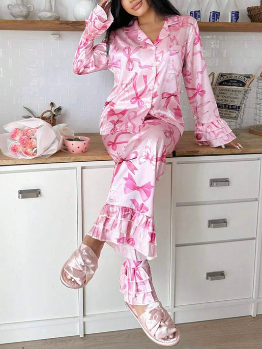 CM-LS386810 Women Trendy Seoul Style Bow Tie V-Neck Long Sleeve Satin Collar Pajama Set