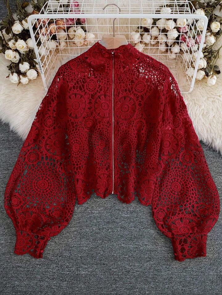 CM-TS677566 Women Casual Seoul Style Floral Lace Hollow Zipper Front Long Sleeve Blouse - Red