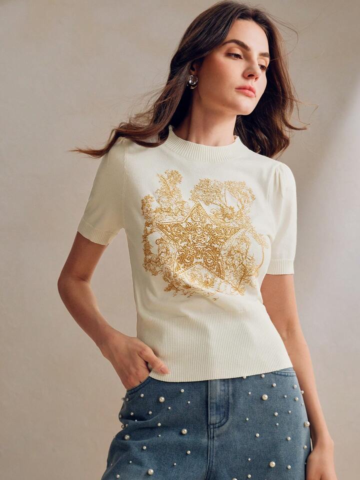 CM-TS235342 Women Casual Seoul Style Stand Collar Short Sleeve Floral Star Embroidered Knitted Shirt Tee - Cream