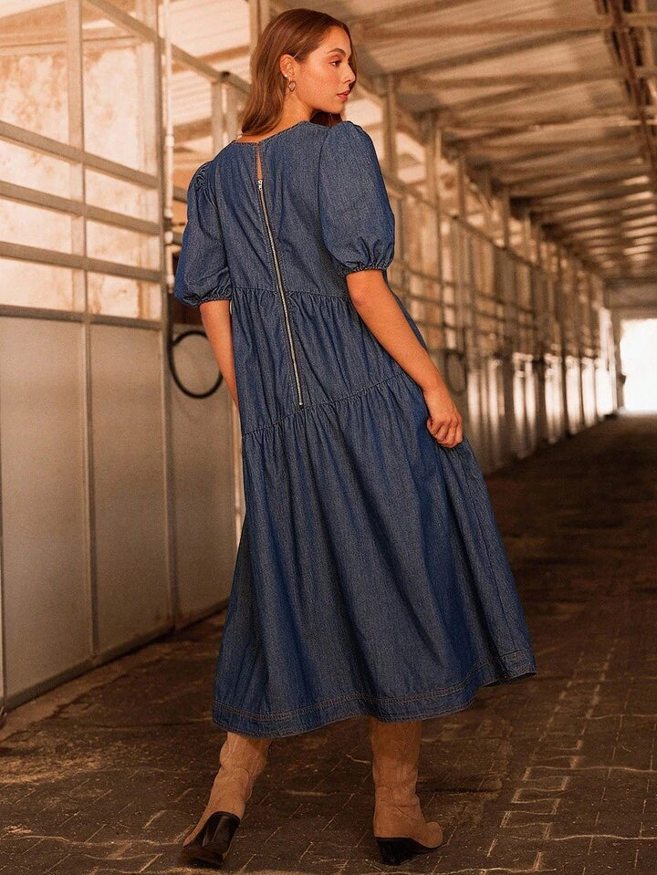 CM-DS516866 Women Trendy Bohemian Style Medium Wash Round Neck Puff Sleeve Asymmetrical Tiered Denim Midi Dress