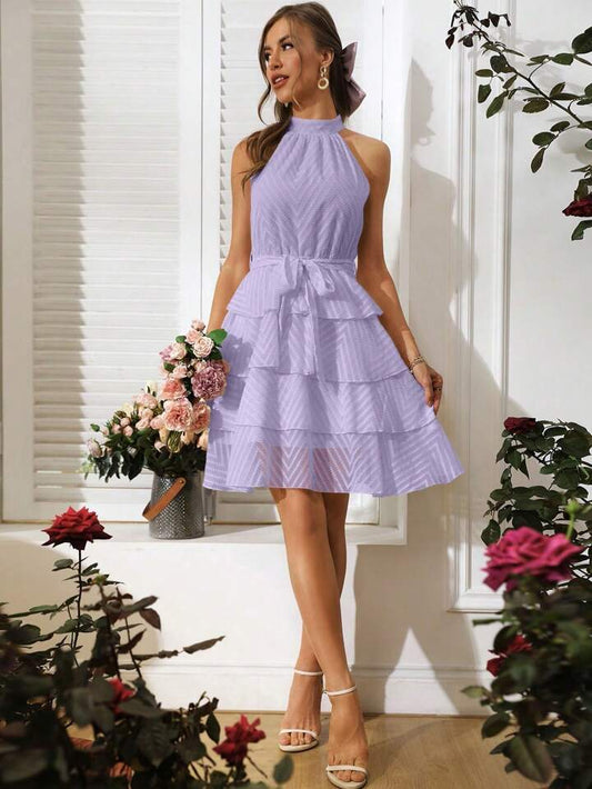 CM-DS415034 Women Casual Seoul Style Off Shoulder Multi-Layer Hem Dress - Purple