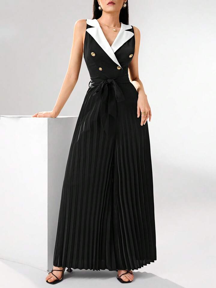 CM-JS023123 Women Elegant Seoul Style Lapel Neckline Sleeveless High Waist Pleated Jumpsuit - Black