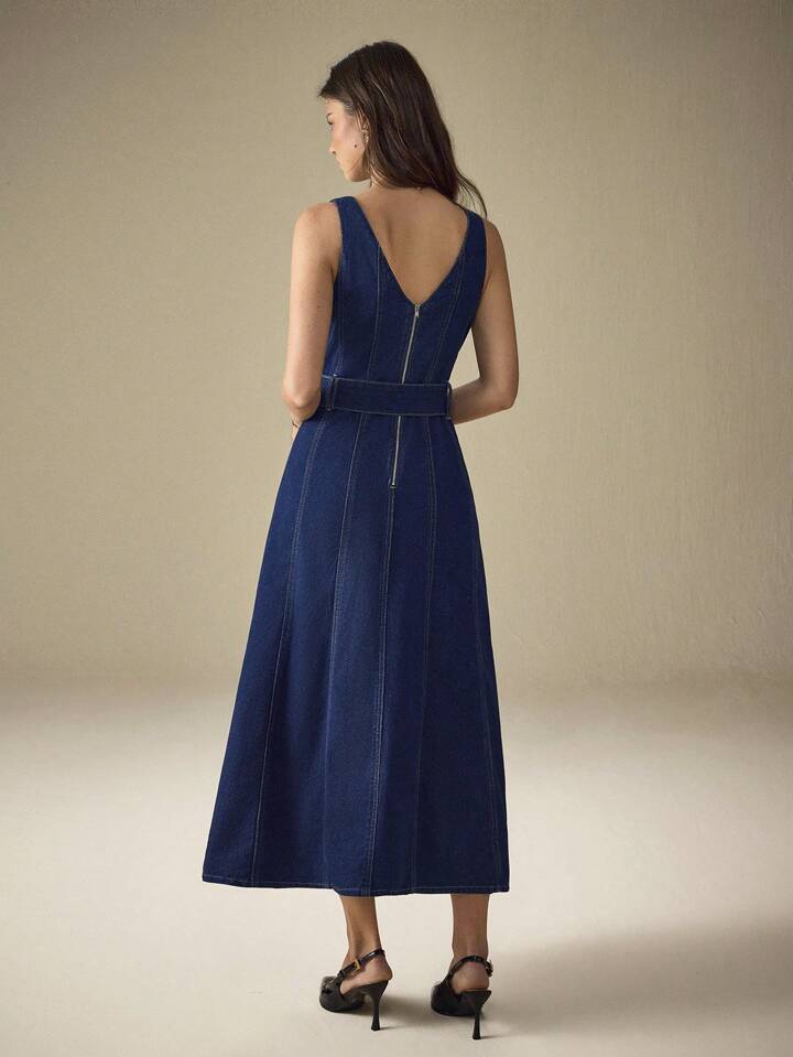 CM-DS438008 Women Elegant Seoul Style Straps Neckline Sleeveless High Waist Denim Dress - Blue