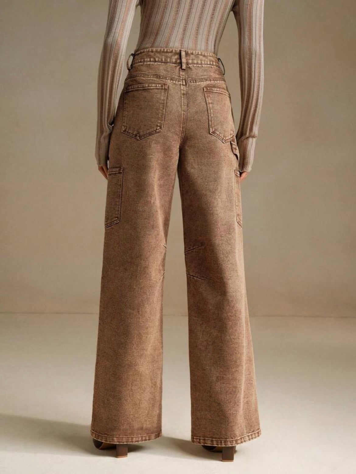 CM-BS336480 Women Casual Seoul Style Pocket Relaxed Straight Leg Denim Jeans - Brown