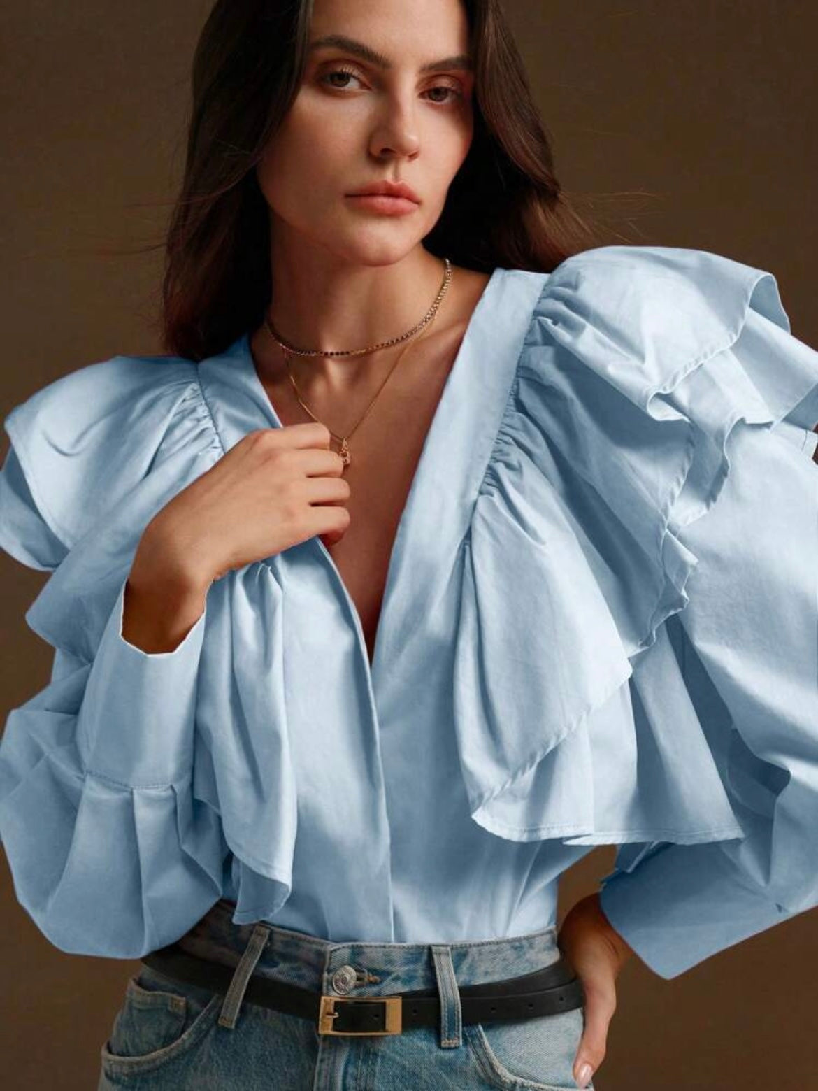CM-TS179757 Women Elegant Seoul Style Exaggerated Ruffle V-Neck Long Sleeve Blouse - Blue