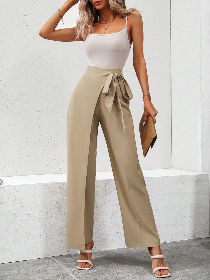 CM-BS320708 Women Casual Seoul Style High Waist Knot Side Pants - Khaki