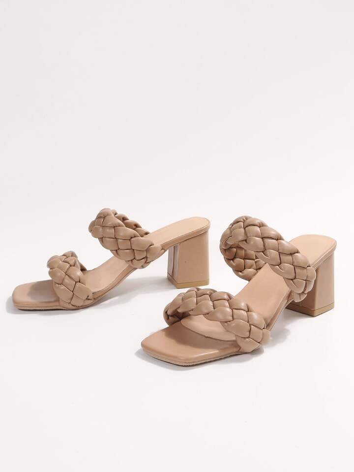 CM-SHS035000 Women Trendy Seoul Style Braided Detail Chunky Heeled Sandals - Apricot