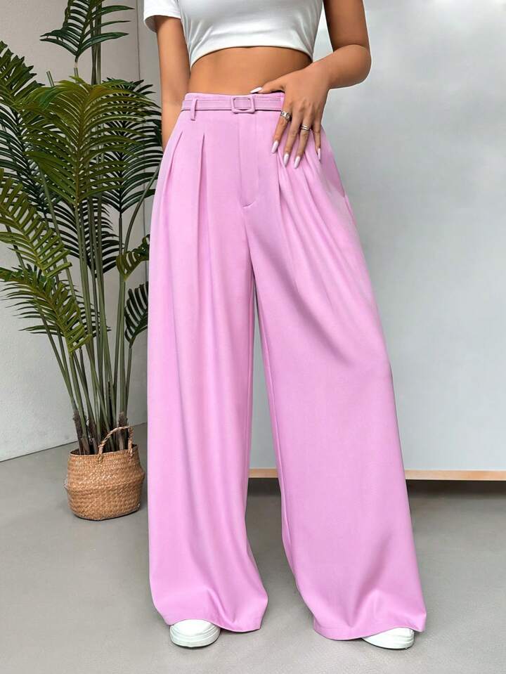 CM-BS652362 Women Elegant Seoul Style Solid Color Pleated Loose Fit Straight Leg Pants - Pink