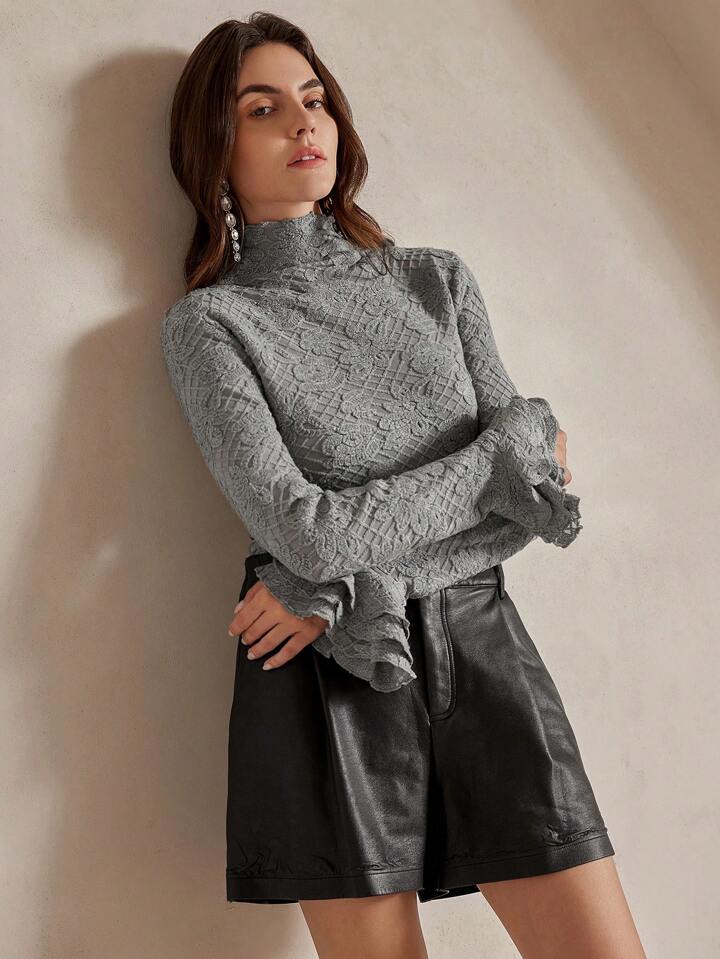 CM-TS324284 Women Elegant Seoul Style Stand Collar Long Sleeve Ruffle Cuff Fitted Crochet Blouse - Gray