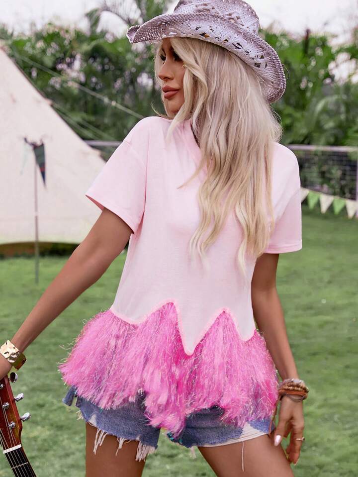 CM-TS517768 Women Trendy Bohemian Style Round Neck Fringe Short Sleeve T-Shirt - Pink