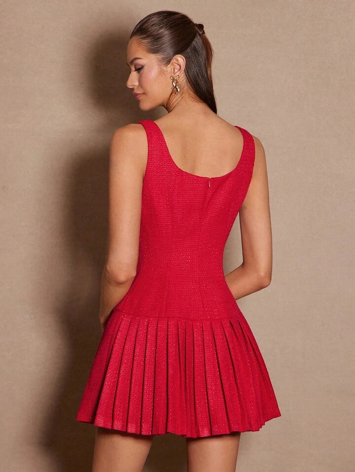 CM-DS073433 Women Elegant Seoul Style Tweed Square Neck Sleeveless Pleated Hem Mini Dress - Red