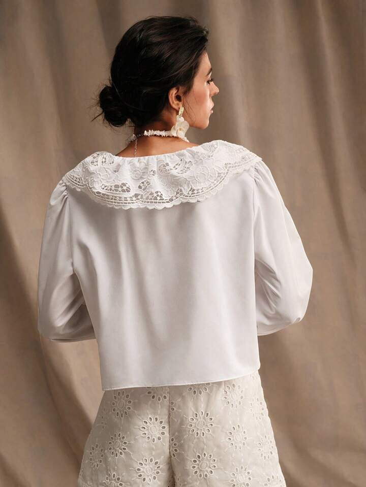 CM-TS637517 Women Trendy Bohemian Style Symmetrical Lace Detail Open-Front Shirt - White