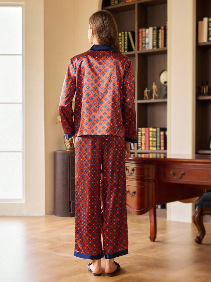 CM-LS989249 Women Trendy Seoul Style Faux Silk Colorblock Geometric Pattern Fuzzy Cuff Pajama Set