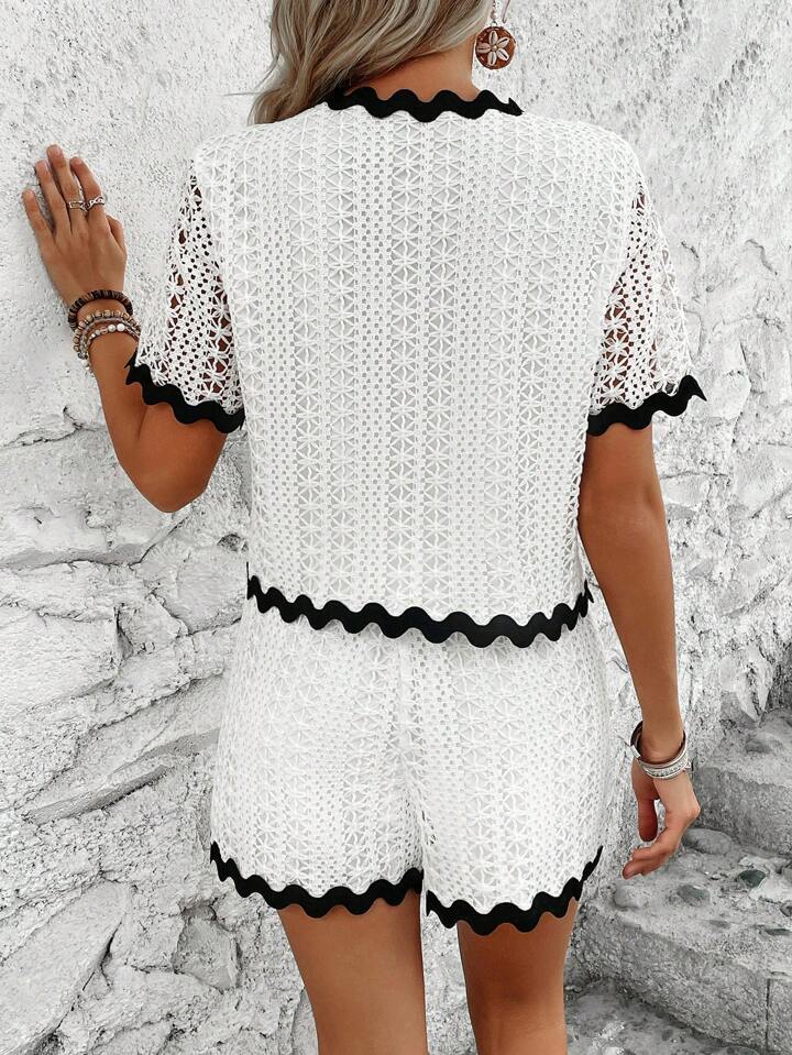 CM-SS149483 Women Trendy Bohemian Style Hollow Out Front Tie Short Sleeve Top With Shorts - White