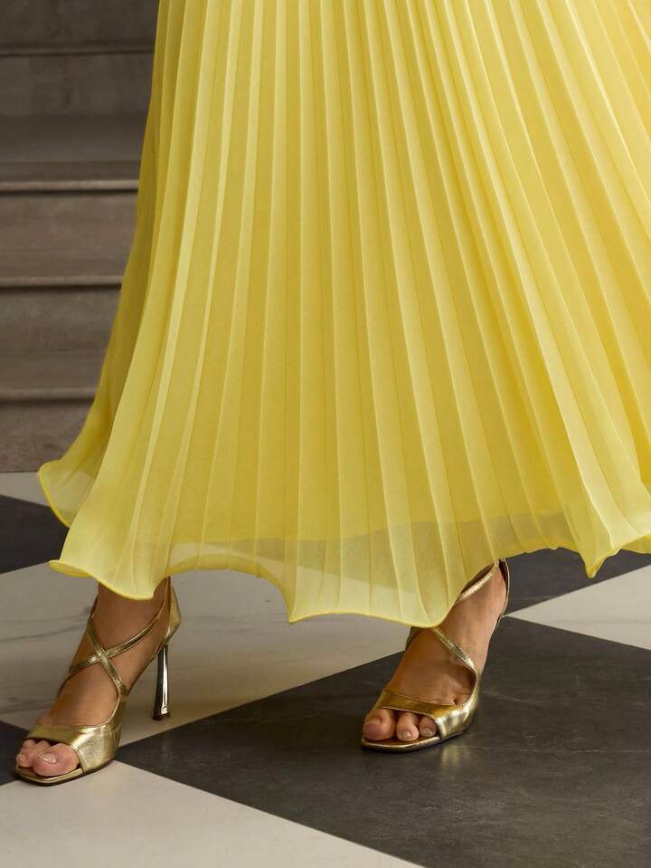 CM-BS180003 Women Elegant Seoul Style Ultra High Waist Pleated Flowy A-Line Long Skirt - Yellow