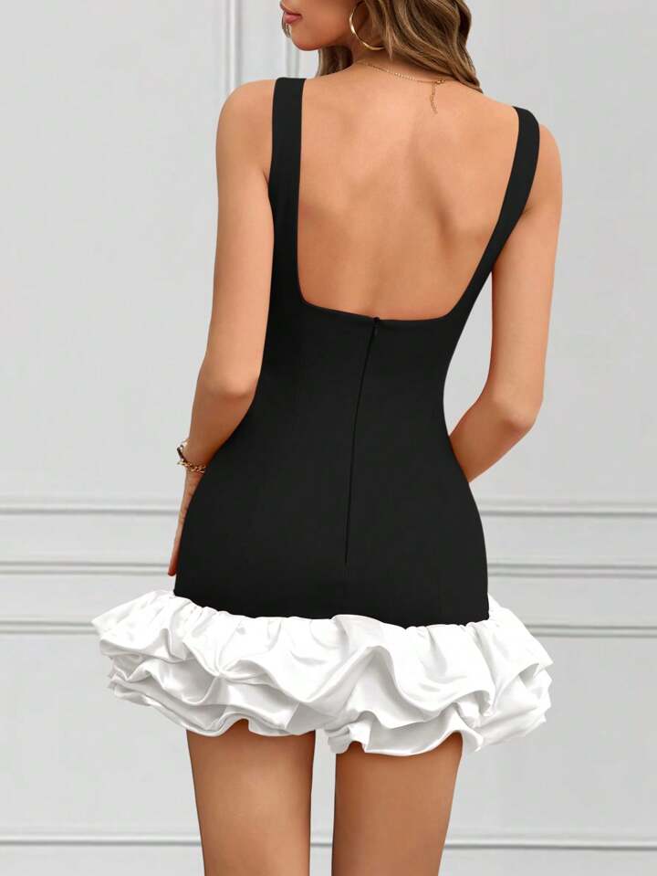 CM-DS382544 Women Elegant Seoul Style Round Neck Sleeveless Ruffle Hem Short A-Line Dress
