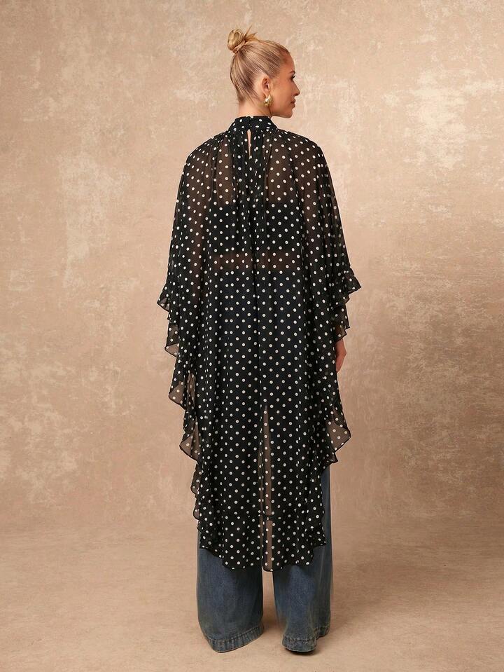 CM-TS405965 Women Casual Seoul Style Asymmetric Ruffle Hem Loose Collar Shawl Blouse - Black