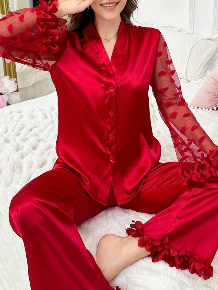 CM-LS535185 Women Trendy Seoul Style 3D Floral Lace Heart Mesh Satin Pajama Set - Red