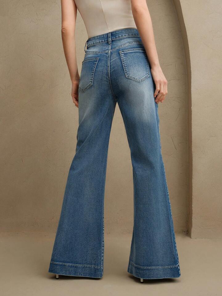 CM-BS483376 Women Elegant Seoul Style Mid Waist Embroidered Floral Flared Jeans - Blue
