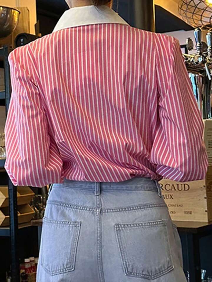 CM-TS668860 Women Casual Seoul Style Striped Button-Up Shirt Collar Long Sleeve Blouse - Pink