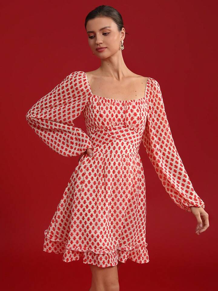 CM-DS515289 Women Elegant Seoul Style Square Neck Geometric Print Long Sleeve Peplum Hem Midi Dress