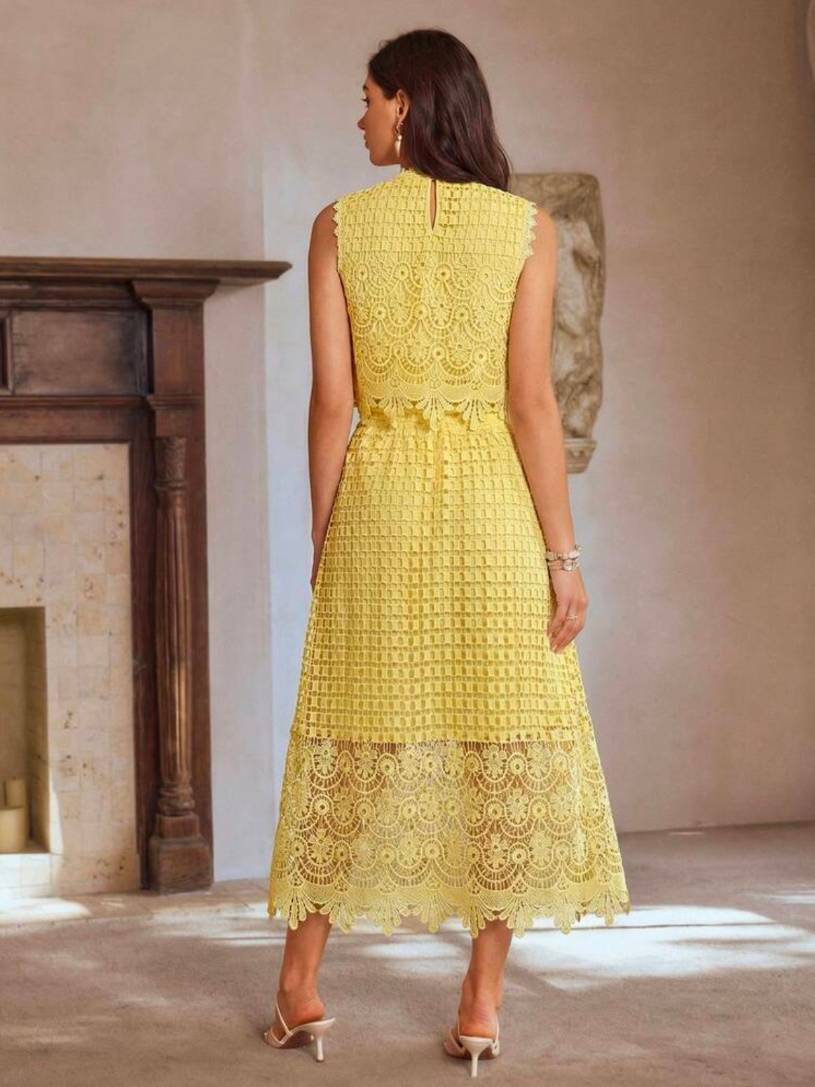 CM-SS980963 Women Elegant Seoul Style Round Neck Sleeveless Pearl Decor Hollow Lace Trim Top With Long Skirt - Set