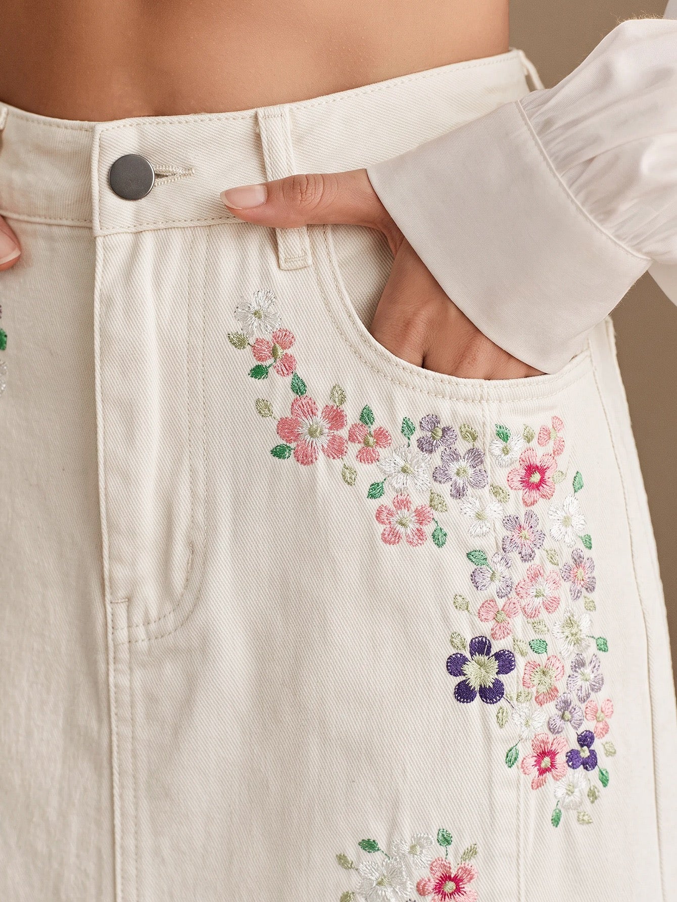 CM-BS268706 Women Casual Seoul Style Mid Waist Embroidery Slimming Design Split A-Line Denim Skirt - White