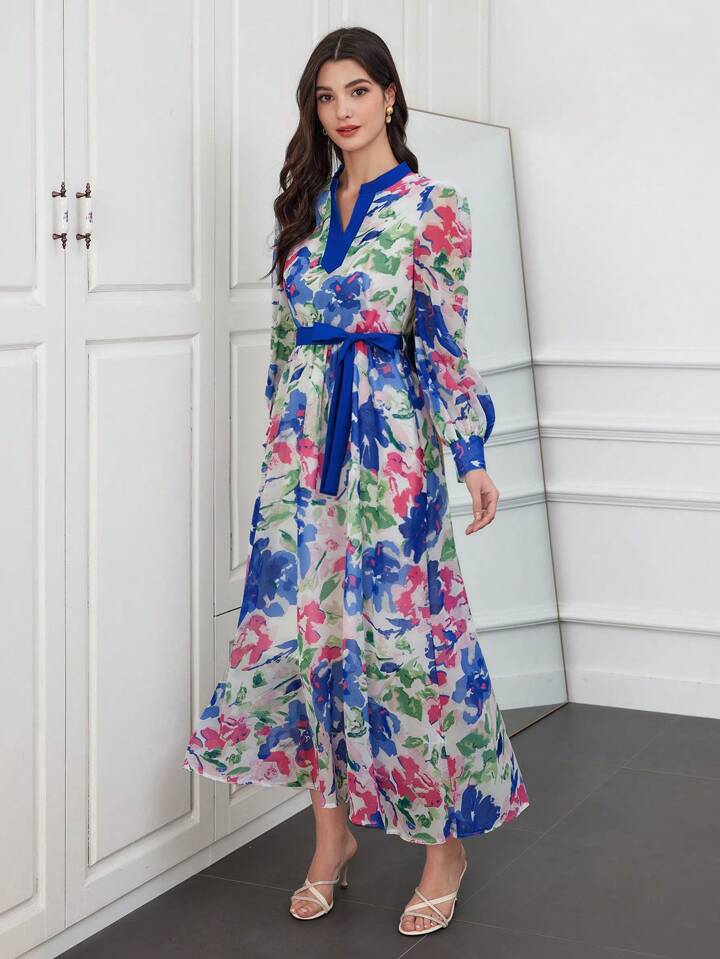 CM-DS149561 Women Trendy Bohemian Style Notched Collar Lantern Sleeve Dress