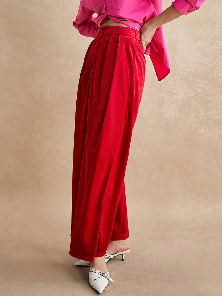 CM-BS143380 Women Elegant Seoul Style Waistband Double Button Velvet Pleated Trousers - Red