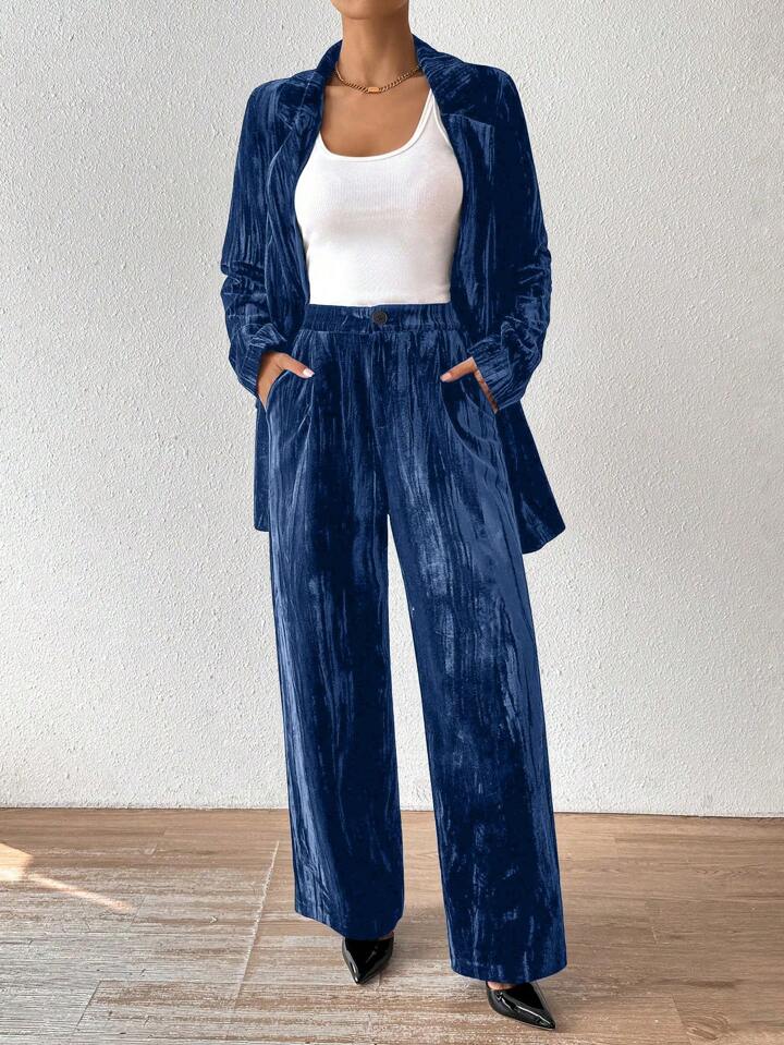 CM-SS621602 Women Elegant Seoul Style Stand Collar Long Sleeve Velvet Jacket With Straight Leg Pants Suit - Dusty Blue