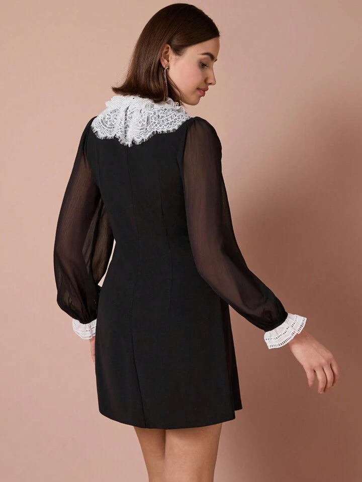 CM-DS402412 Women Elegant Seoul Style Bow Tie Gem Buttons Decor Lace Sequin Long Sleeves Mini Dress