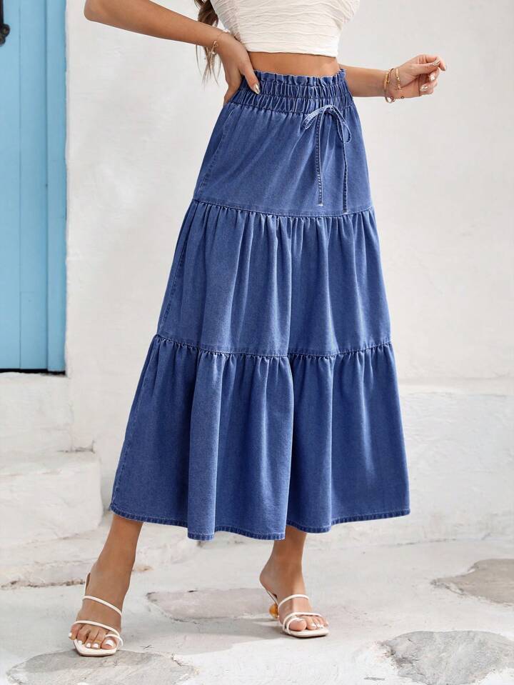 CM-BS586146 Women Casual Seoul Style High Waist Loose Fit Elastic Waist Denim Skirt - Blue