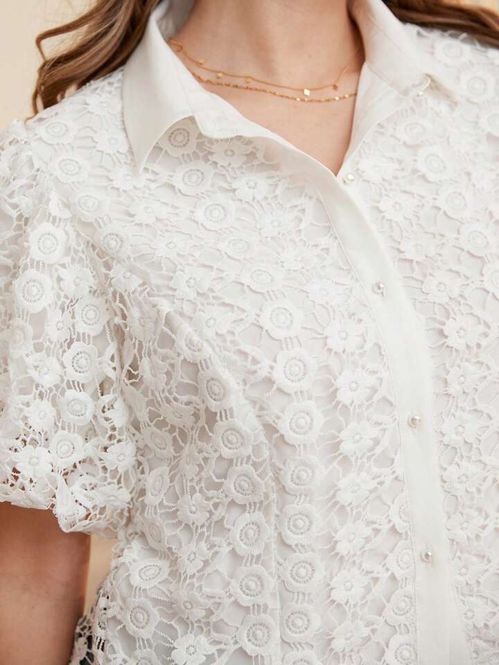 CM-TS827059 Women Elegant Seoul Style Embroidered Pearl Button Sheer Puff Sleeve Crop Shirt
