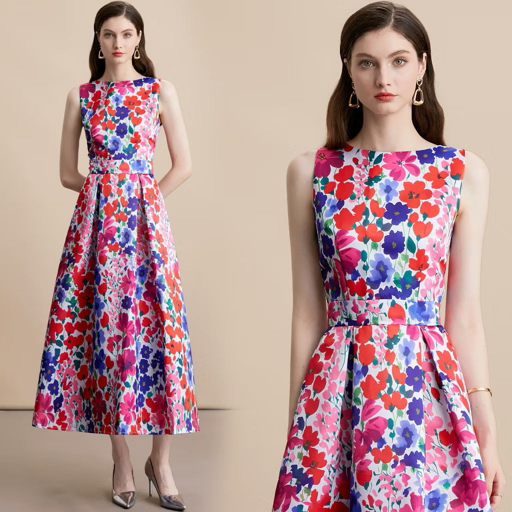 CM-DY054100 Women Elegant European Style Floral Print Round Neck Sleeveless High Waist Mid-Length Dress