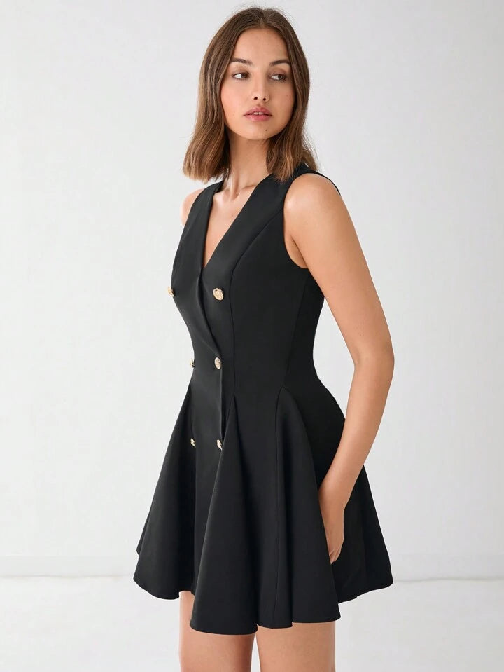 CM-DS860933 Women Elegant Seoul Style V-Neck Front Button Sleeveless A-Line Mini Dress - Black